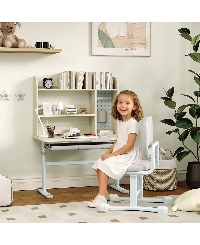 Qaba Kids Study Desk and Chair Set with Tiltable Desktop and Hutch,