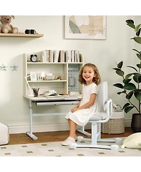 Qaba Kids Study Desk and Chair Set with Tiltable Desktop and Hutch,