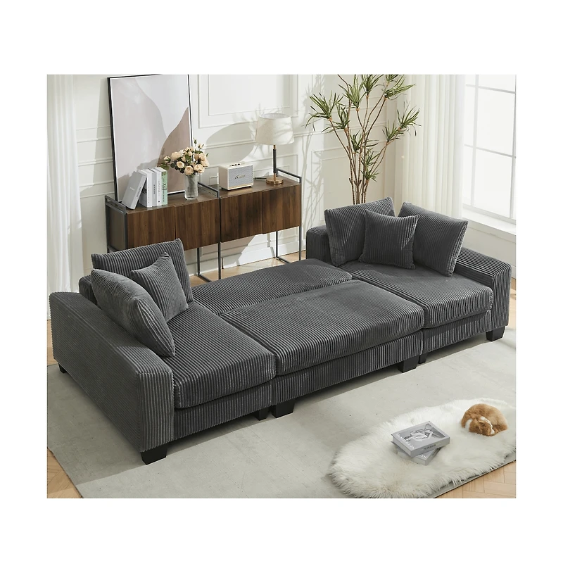 Maison Boucle 114" U-Shaped Corduroy Upholstery Pull-Out Sleeper Bed, Oversized Convertible Sectional, Chaise Lounges, Pillows & Cushions Sofa Be