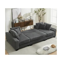 Maison Boucle 114" U-Shaped Corduroy Upholstery Pull-Out Sleeper Bed, Oversized Convertible Sectional, Chaise Lounges, Pillows & Cushions Sofa Be