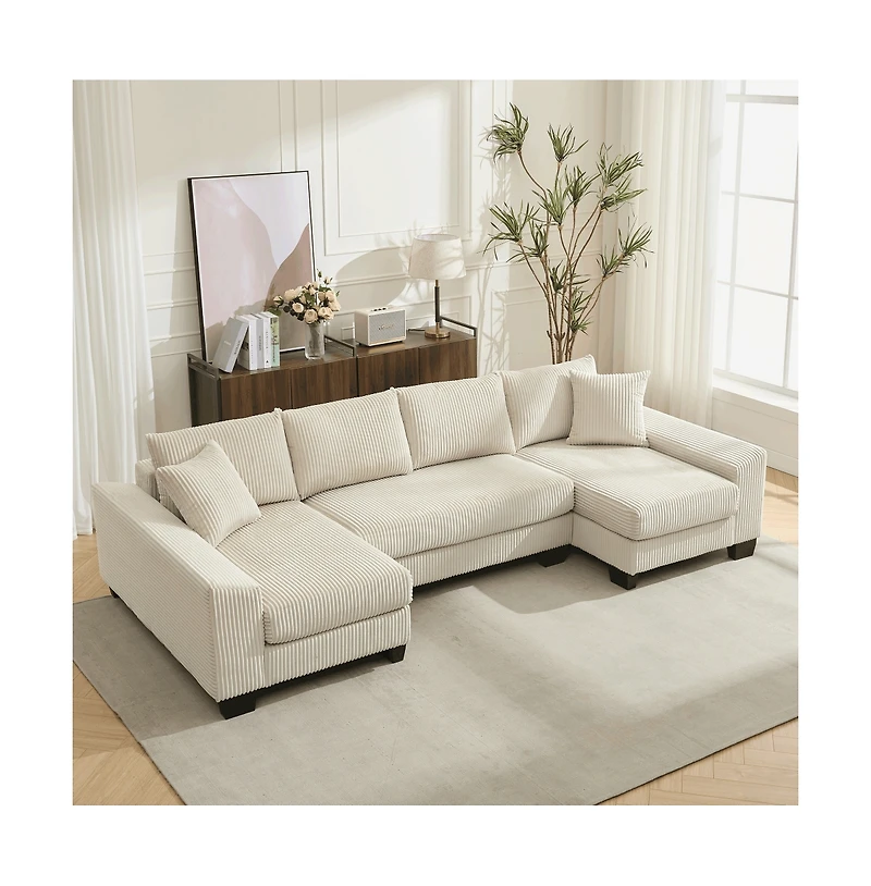 Maison Boucle 114" U-Shaped Corduroy Upholstery Pull-Out Sleeper Bed, Oversized Convertible Sectional, Chaise Lounges, Pillows & Cushions Sofa Be