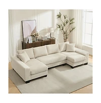 Maison Boucle 114" U-Shaped Corduroy Upholstery Pull-Out Sleeper Bed, Oversized Convertible Sectional, Chaise Lounges, Pillows & Cushions Sofa Be