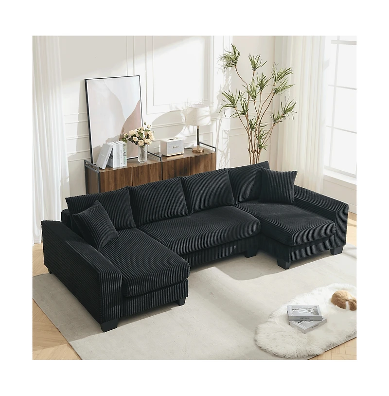 Maison Boucle 114" U-Shaped Corduroy Upholstery Pull-Out Sleeper Bed, Oversized Convertible Sectional, Chaise Lounges, Pillows & Cushions Sofa Bed