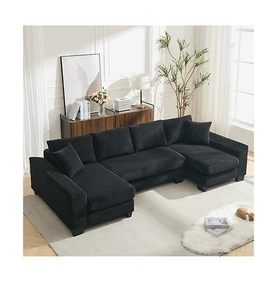 Maison Boucle 114" U-Shaped Corduroy Upholstery Pull-Out Sleeper Bed, Oversized Convertible Sectional, Chaise Lounges, Pillows & Cushions Sofa Bed