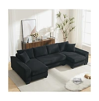Maison Boucle 114" U-Shaped Corduroy Upholstery Pull-Out Sleeper Bed, Oversized Convertible Sectional, Chaise Lounges, Pillows & Cushions Sofa Bed