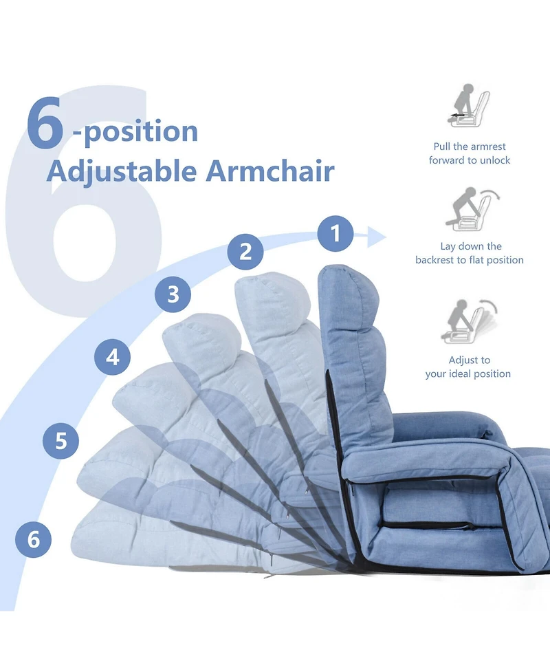 Gymax Blue Folding Lazy Sofa Floor Chair Sofa Lounger Bed with Armrests and Pillow