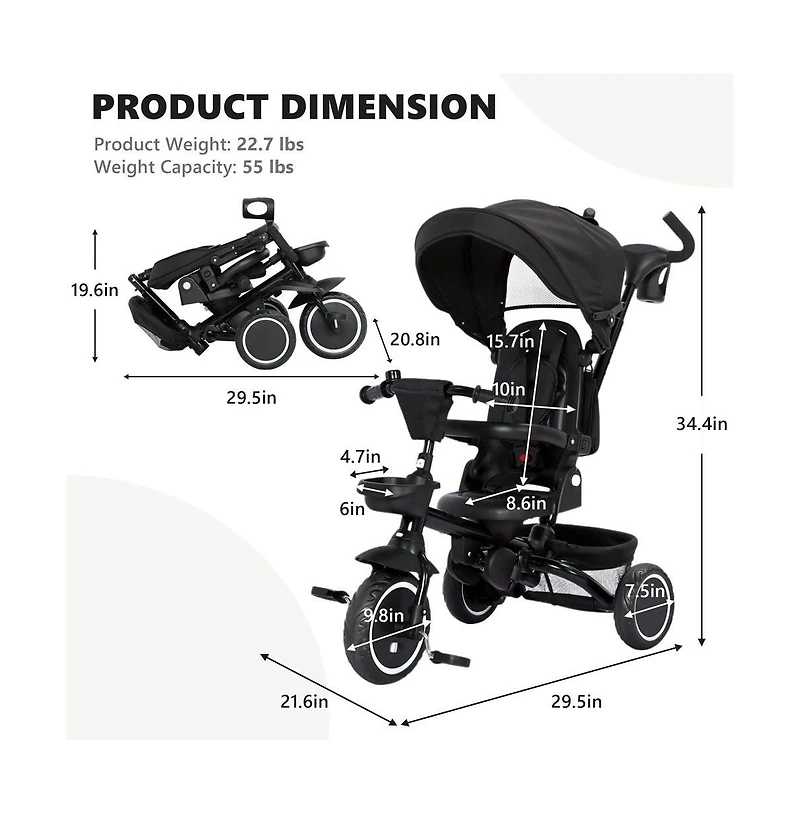 Kinder King Kids Tricycle Stroller, 8 1 Folding Toddler Trike w/Adjustable Push Handle