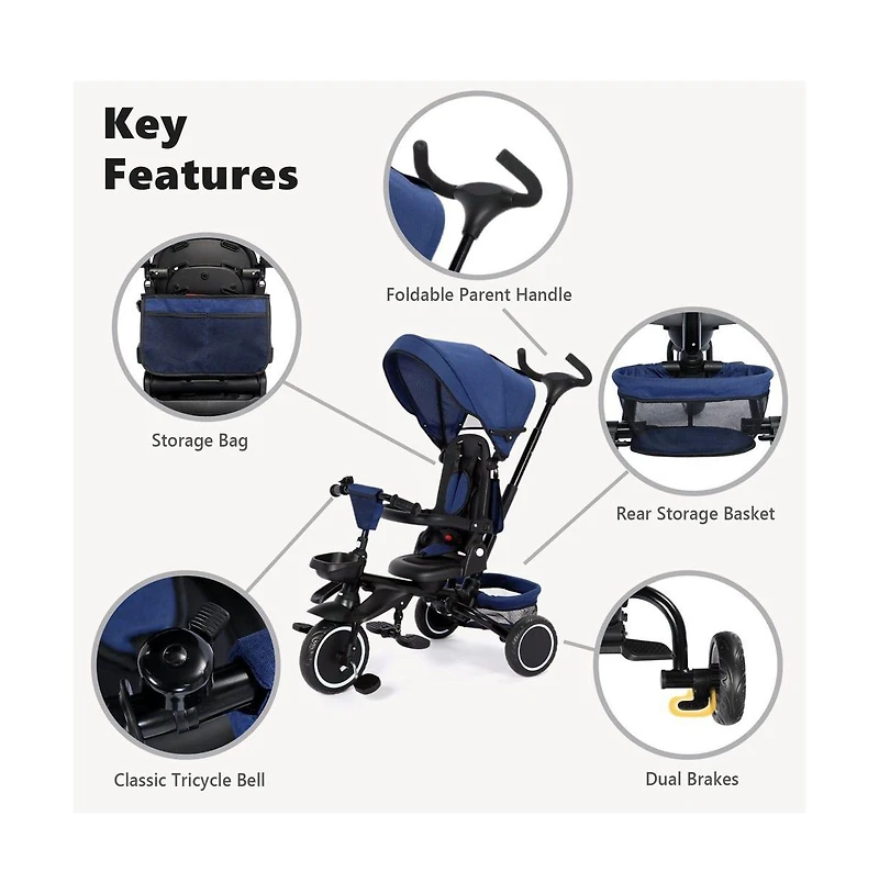 Kinder King Kids Tricycle Stroller, 8 1 Folding Toddler Trike w/Adjustable Push Handle