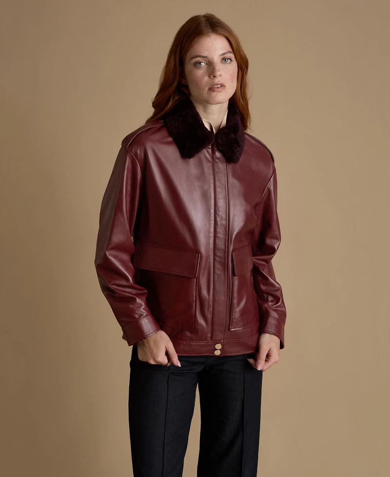 Furniq Uk Women's Leather Jacket with Detachable Shearling Collar
