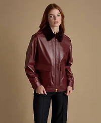 Furniq Uk Women's Leather Jacket with Detachable Shearling Collar