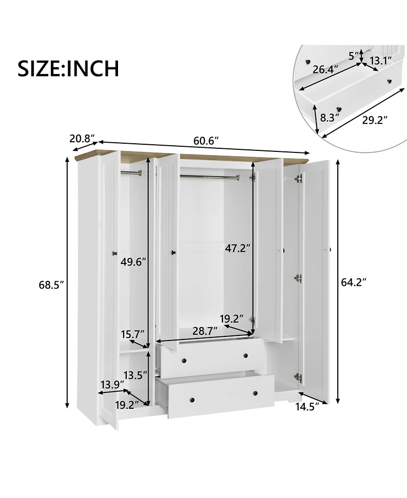 Streamdale Furniture 4 Door Wardrobe Armoire Closet with 2 Drawers