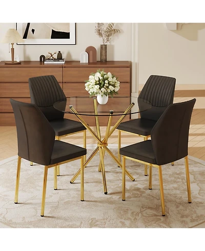 Streamdale Furniture Modern Luxe 4-Piece Dining Set - Round Glass Table & Black-Gold Chairs