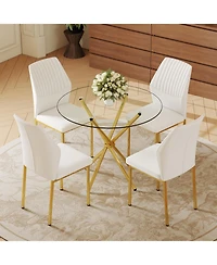 Streamdale Furniture 4-Piece Round Glass Dining Set with White-Gold Chairs