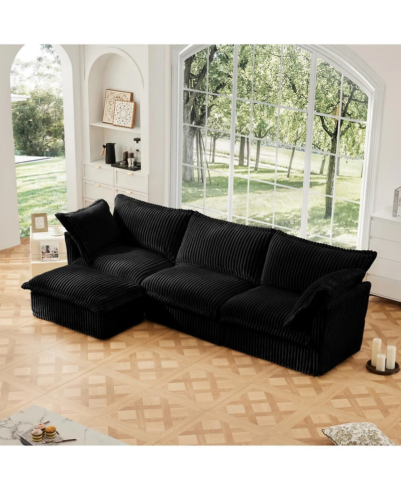 Streamdale Furniture L-Shaped Black Corduroy Sectional Sofa with Ottoman
