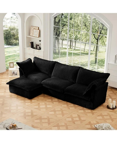 Streamdale Furniture L-Shaped Black Corduroy Sectional Sofa with Ottoman