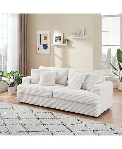 Streamdale Furniture Corduroy 3-Seater Sofa w/ 4 Pillows - White
