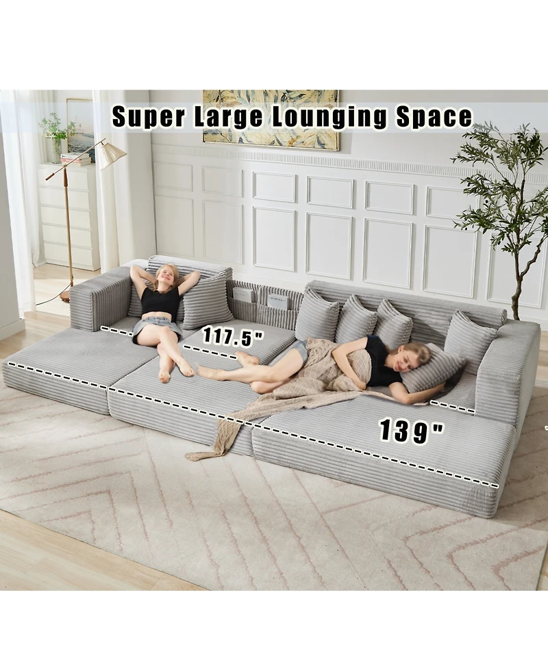 Streamdale Furniture Oversize Cloud Couch L-Shape Sofa Bed, 8 Pillows, Corduroy