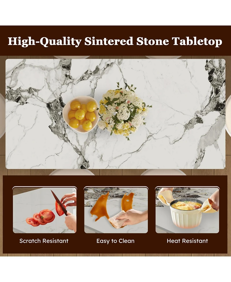 Streamdale Furniture 63" Modern Dining Table Set, Burnt Stone Top, Gold Base, 6