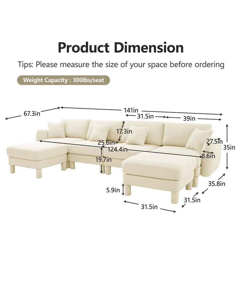 Streamdale Boucle U-Shape Sectional Sofa with Shell Armrests & Ottomans - Beige