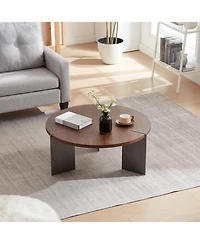 Streamdale Furniture Round Coffee Table Walnut Wood Surface and Black Metel Feet