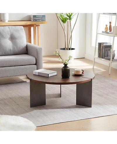 Streamdale Furniture Round Coffee Table Walnut Wood Surface and Black Metel Feet