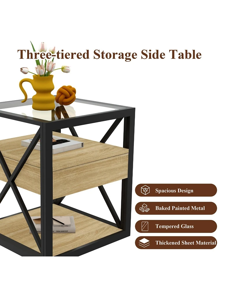 Streamdale Furniture Modern End Table with Drawer - Natural Wood & Glass