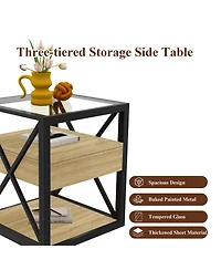 Streamdale Furniture Modern End Table with Drawer - Natural Wood & Glass