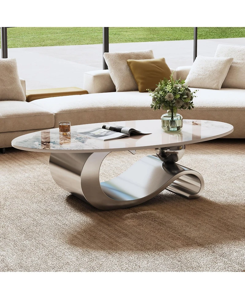 Streamdale Furniture 49" Faux Marble Oval Coffee Table, Steel Base