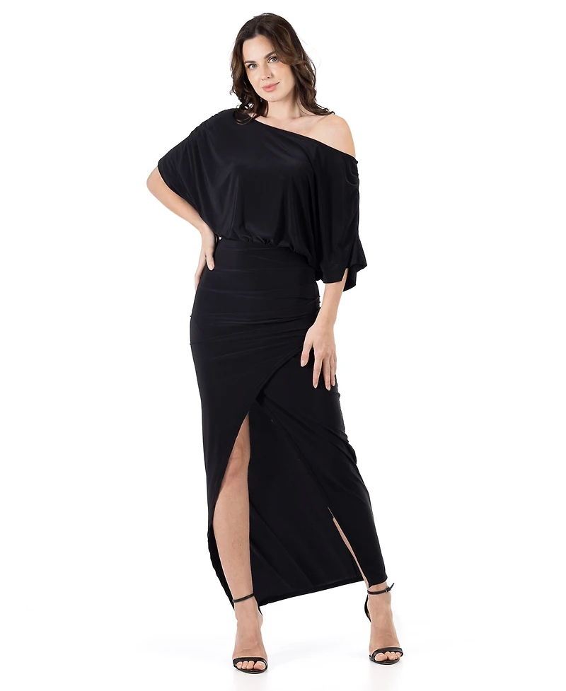 24seven Comfort Apparel Women's Boat Neck Batwing Sleeve Slit Maxi Dress