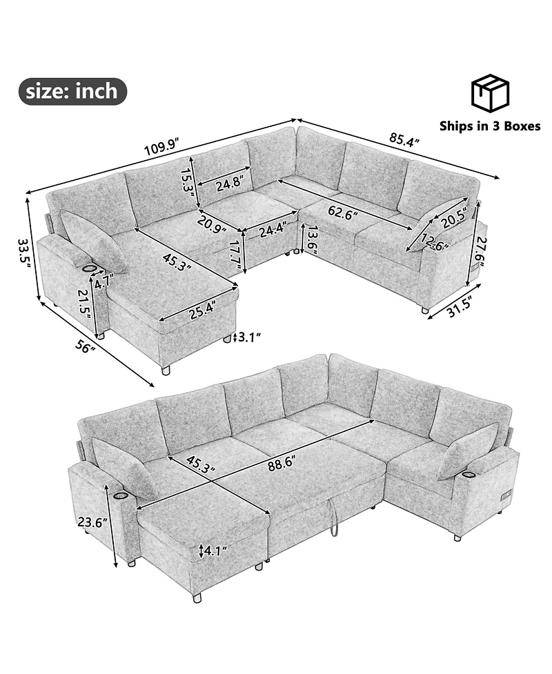 Streamdale Furniture 109.9" U-Shaped Sectional Sofa Bed with Storage, Cup Holders & Charging