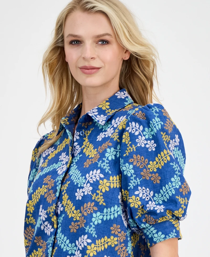 T Tahari Women's Embroidered Puff-Sleeve Button-Front Blouse
