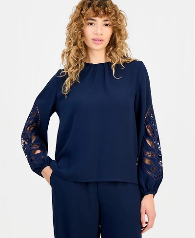T Tahari Women's Embroidered-Sleeve Crewneck Blouse