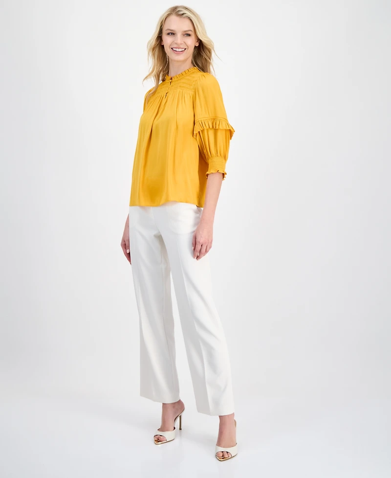 T Tahari Women's Smocked Ruffle-Trim Elbow-Sleeve Top