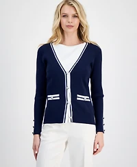 T Tahari Women's Contrast-Trim Ribbed Knit Button-Front Cardigan