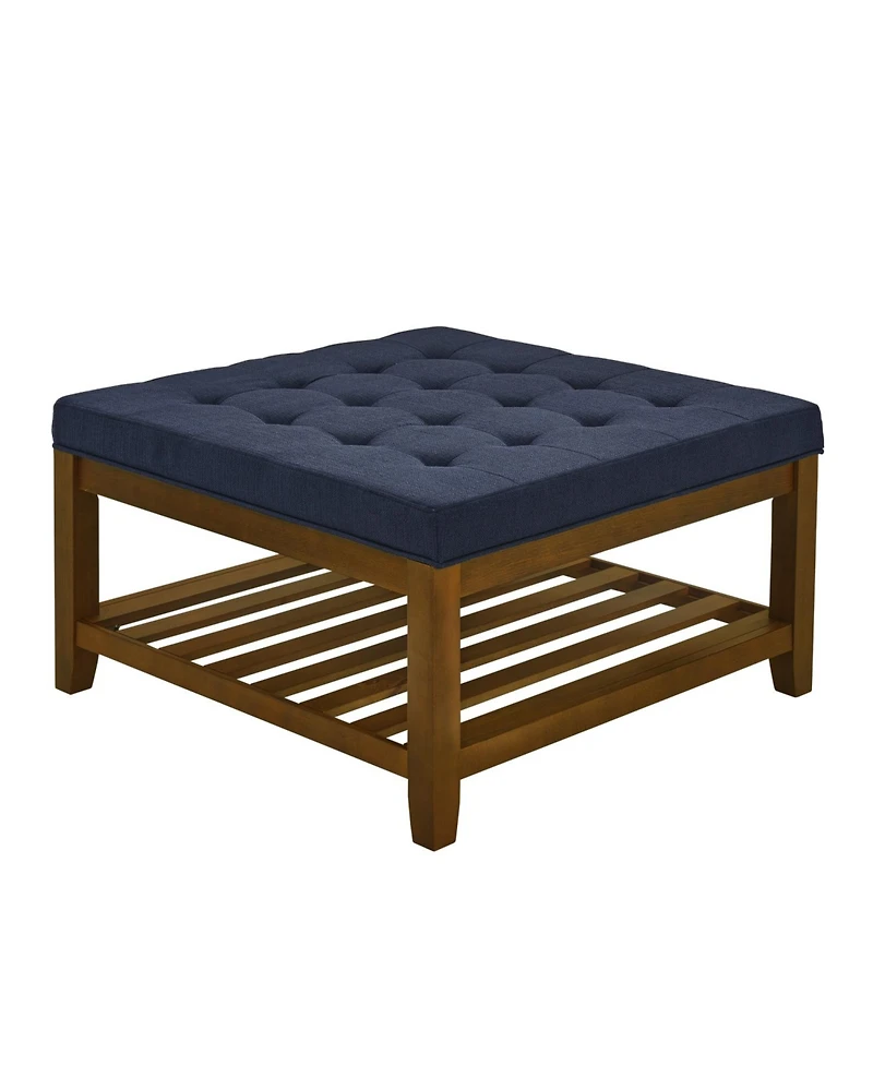 Streamdale Navy Blue Linen Tufted Ottoman w/ Wood Frame & Shelf