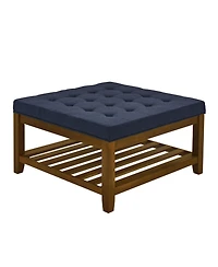 Streamdale Navy Blue Linen Tufted Ottoman w/ Wood Frame & Shelf