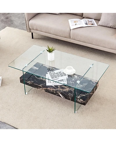 Streamdale Furniture Streamdale Modern Two-Tier Coffee Table Glass and Marble Pattern