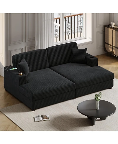 Streamdale Furniture Oversized Corduroy Loveseat Chaise Lounge with Usb Ports, Cup Holders, and Pillows