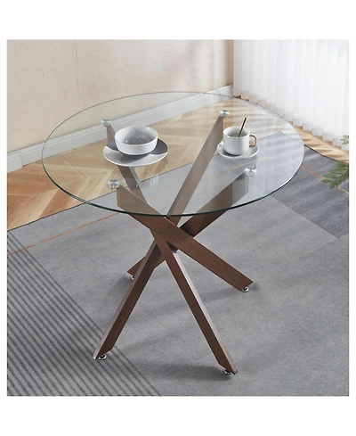 Streamdale Furniture Modern Glass Dining Table Walnut Metal Legs