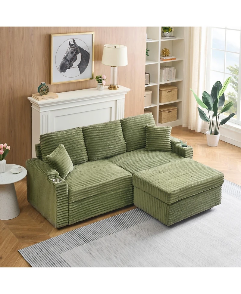 Streamdale Furniture 80" Corduroy Sofa Bed with Reclining, Footstool, & Cup Holders - Green