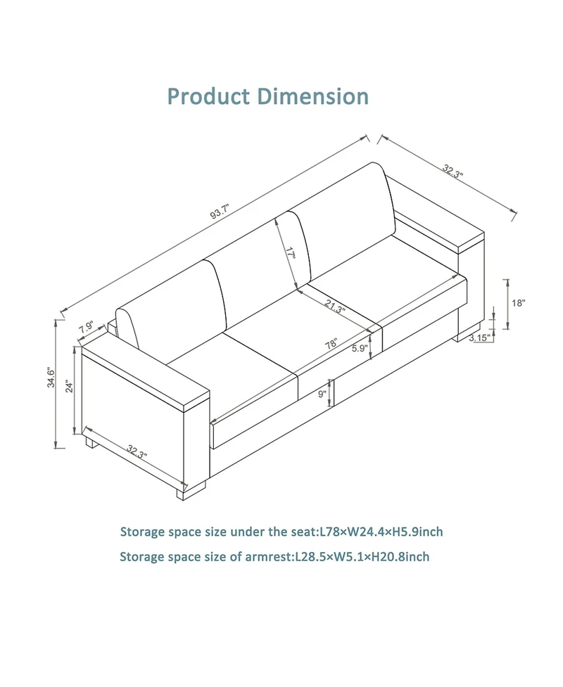 Streamdale Furniture Modern Blue Sofa Set with Cup Holder & Storage