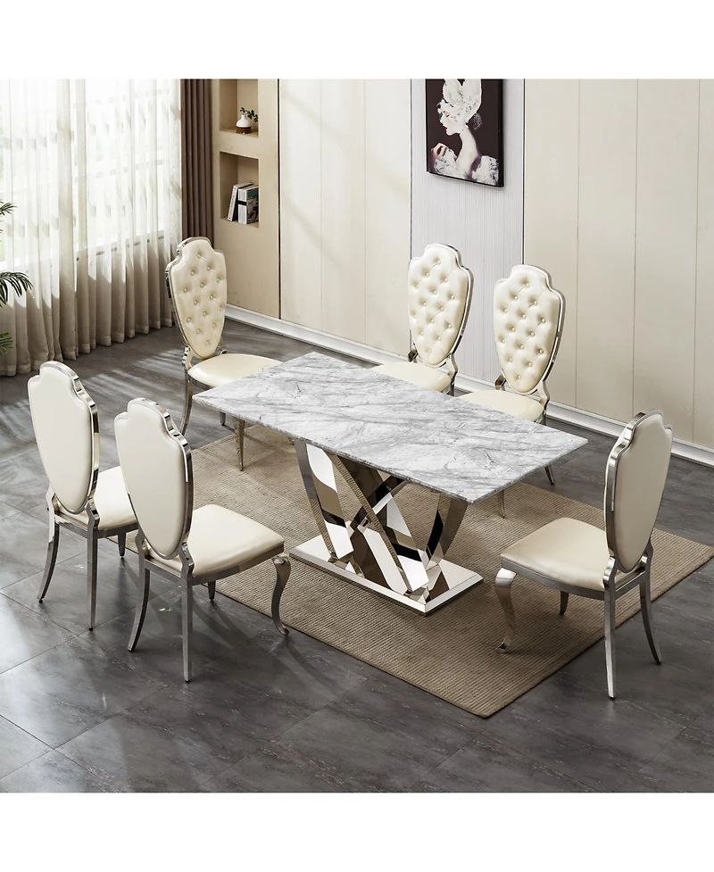 Streamdale Furniture Streamdale 70" Faux Marble Dining Table, Mirrored Base