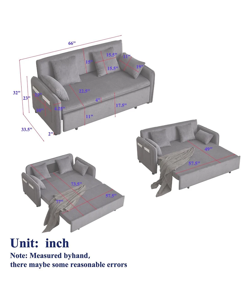 Streamdale 66" Sleeper Sofa Bed - 3-in-1 Adjustable Pullout with Pillows