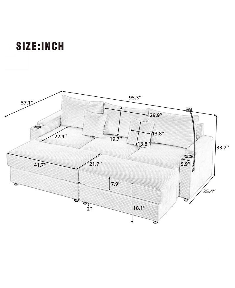 Streamdale Furniture Modern 3-Seater Sofa w/ Storage, Ottomans, Usb & Cup Holders – Beige