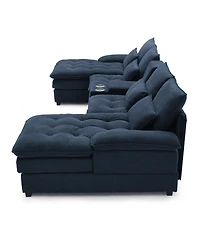 Streamdale Furniture 130" U-Shaped Sofa with Console, Cupholders, Sleeper & Chaise (Blue)