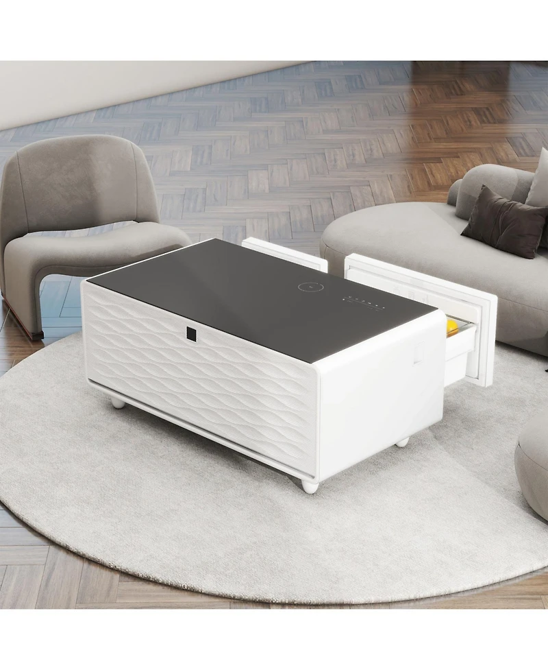 Streamdale Furniture Smart Coffee Table Fridge/Freezer, Bluetooth, Wireless Charge, Usb, Light - White