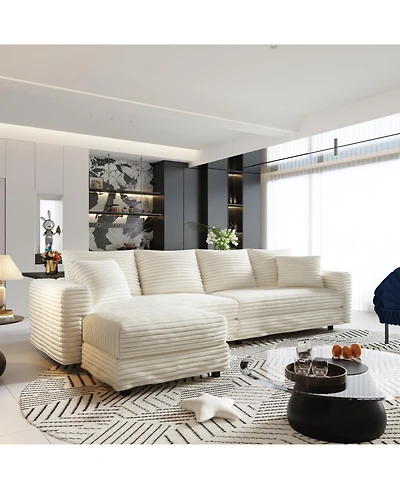 Streamdale Furniture Plush Corduroy 4-Seat Sofa with Ottoman - Beige