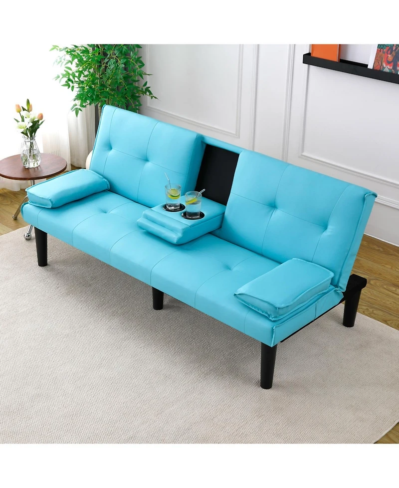 Streamdale Furniture 67" Blue Pvc Sofa Bed - Foldable with Cup Holder