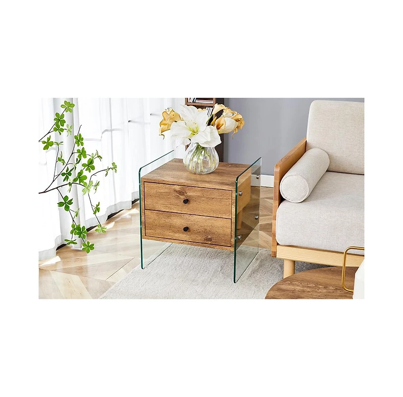 Streamdale Furniture Elegant Double-Drawer Glass Bedside Table