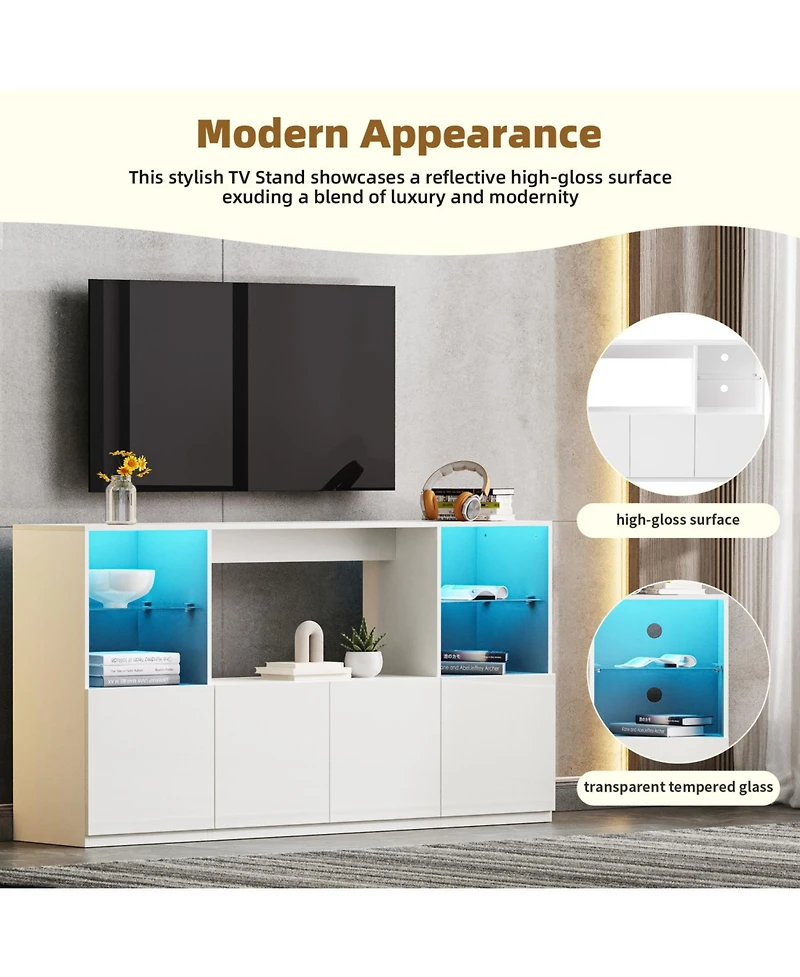 Streamdale Furniture High Gloss Tv Stand with Led Lights, Large Storage & Tempered Glass Shelves (Black, 67"Wx13.7"D)